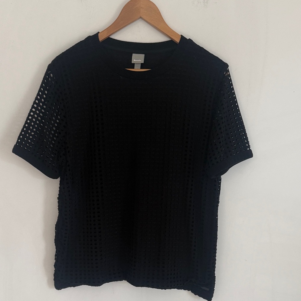 Bench Women Black Double Layer Mesh Short Sleeve T-Shirt Top Size L